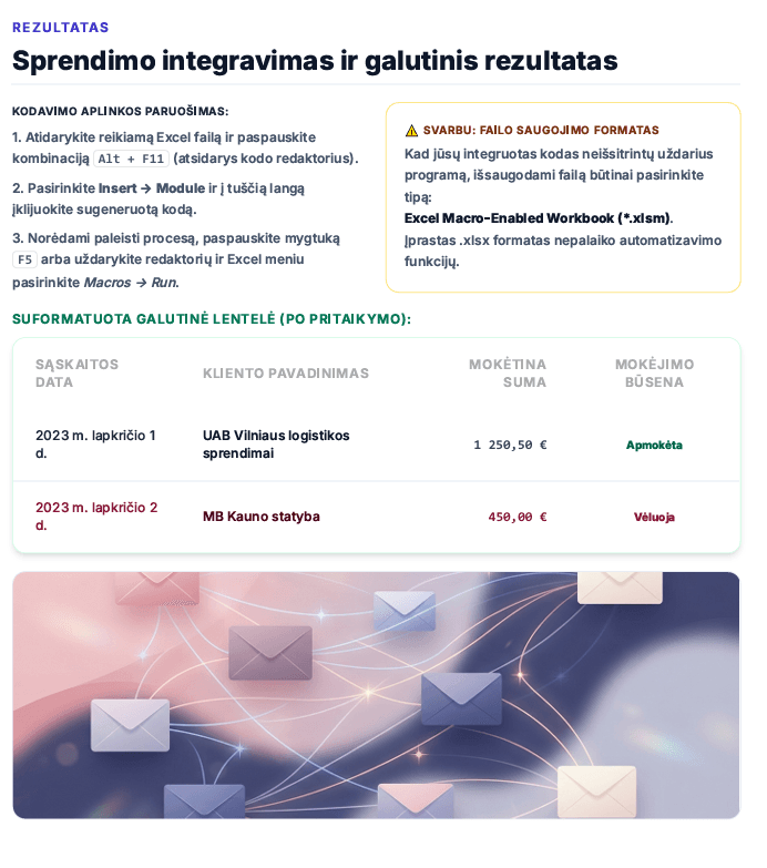 PDF gido puslapis — Excel žingsniai ir suformatuota lentelė
